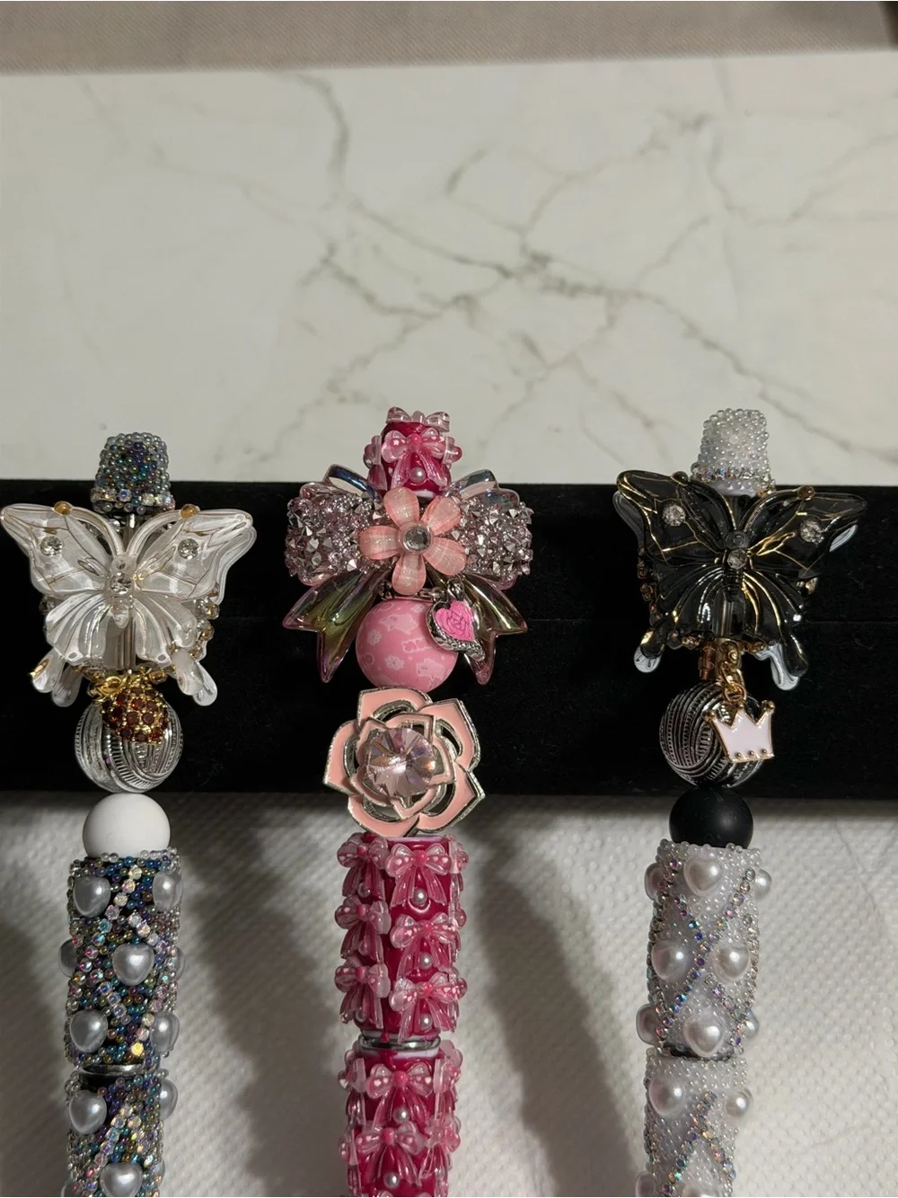 Pink Black and Silver Crystal-Embellished Ballpoint pens with small charm